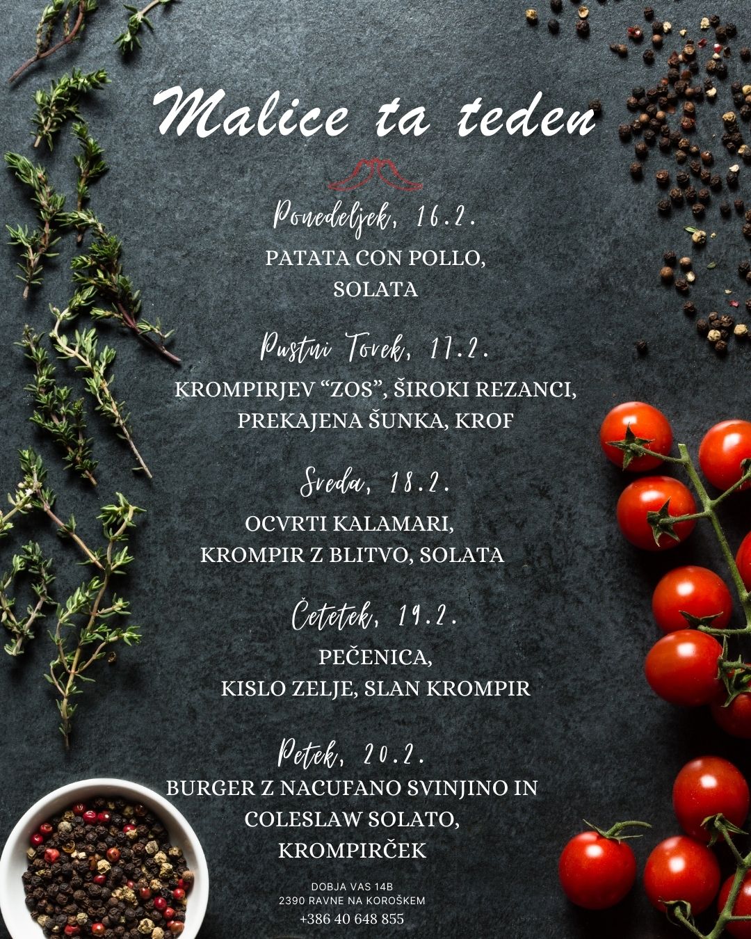 Picerija Gajbica, malice FEBRUAR med 16.2. in 20.2.2026