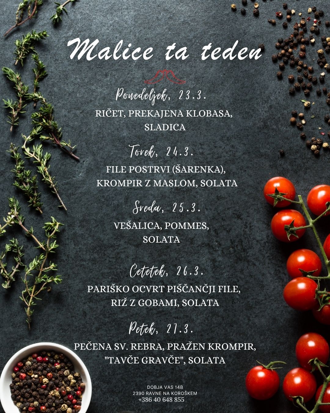 Picerija Gajbica, malice MAREC med 23.3. in 27.3.2026