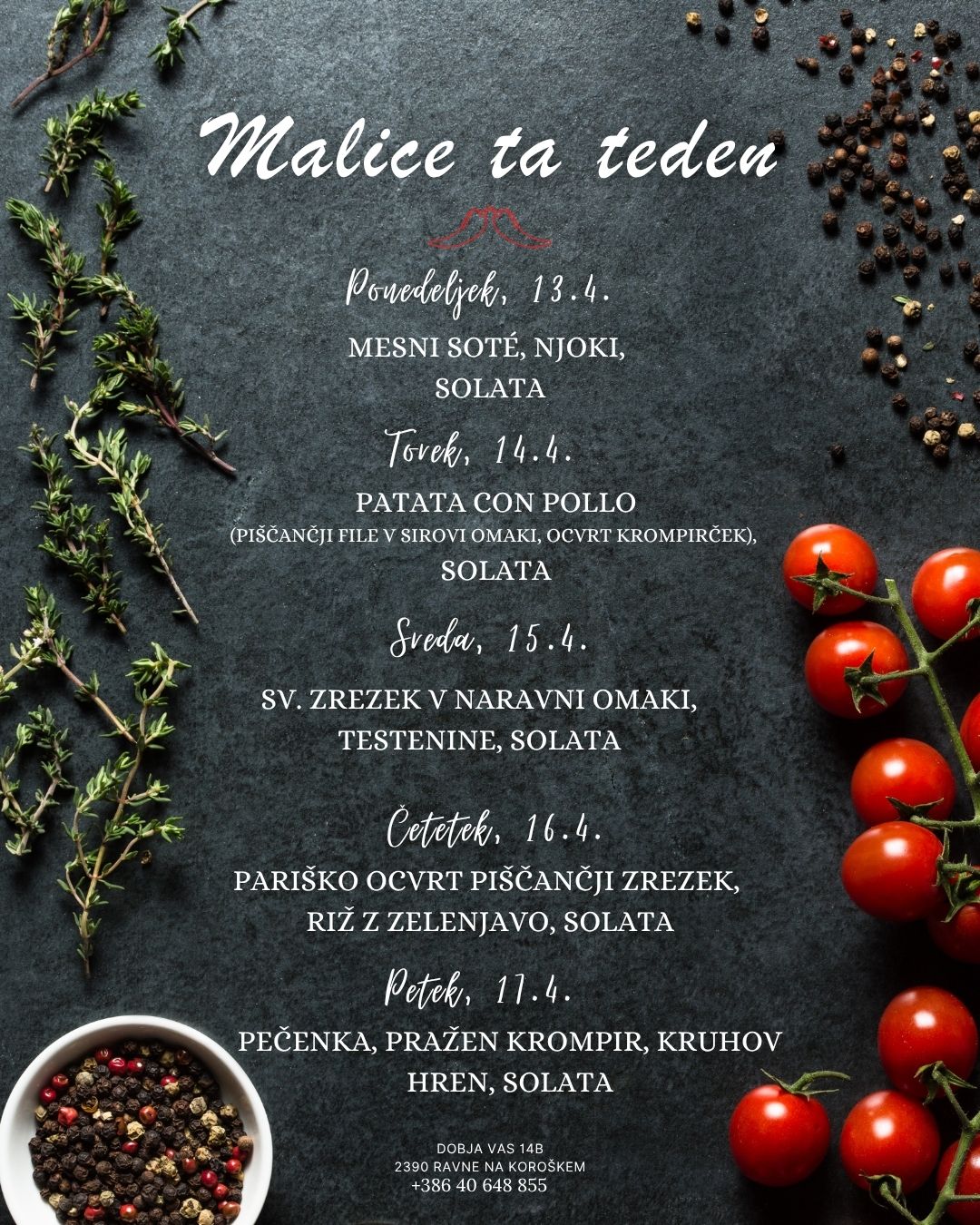 Picerija Gajbica, malice APRIL med 13.4. in 17.4.2026