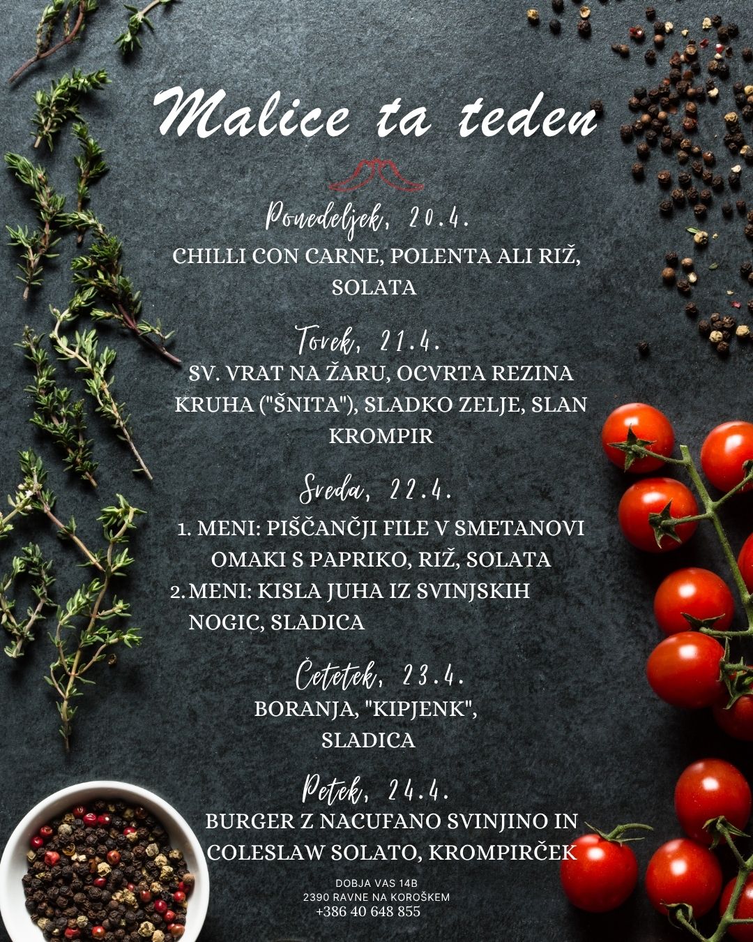 Picerija Gajbica, malice APRIL med 20.4. in 24.4.2026