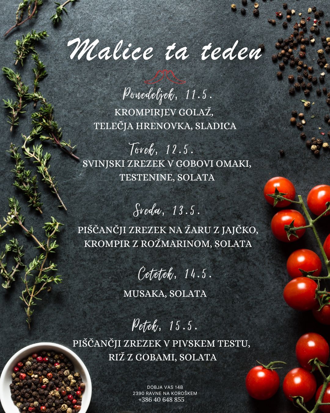 Picerija Gajbica, malice MAJ med 11.5. in 15.5.2026