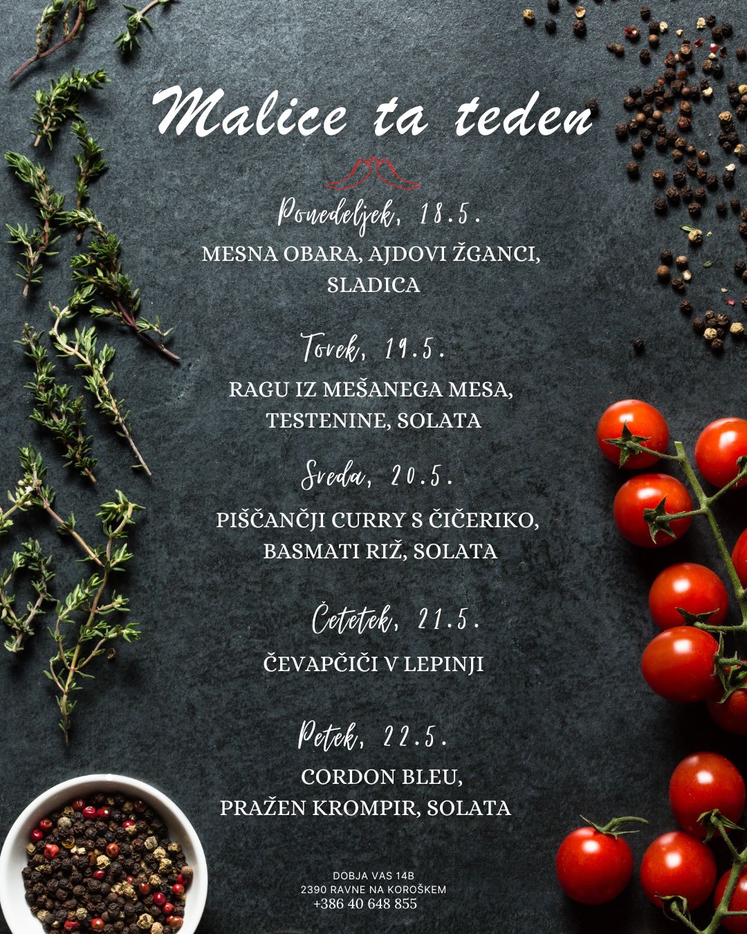 Picerija Gajbica, malice MAJ med 18.5. in 22.5.2026