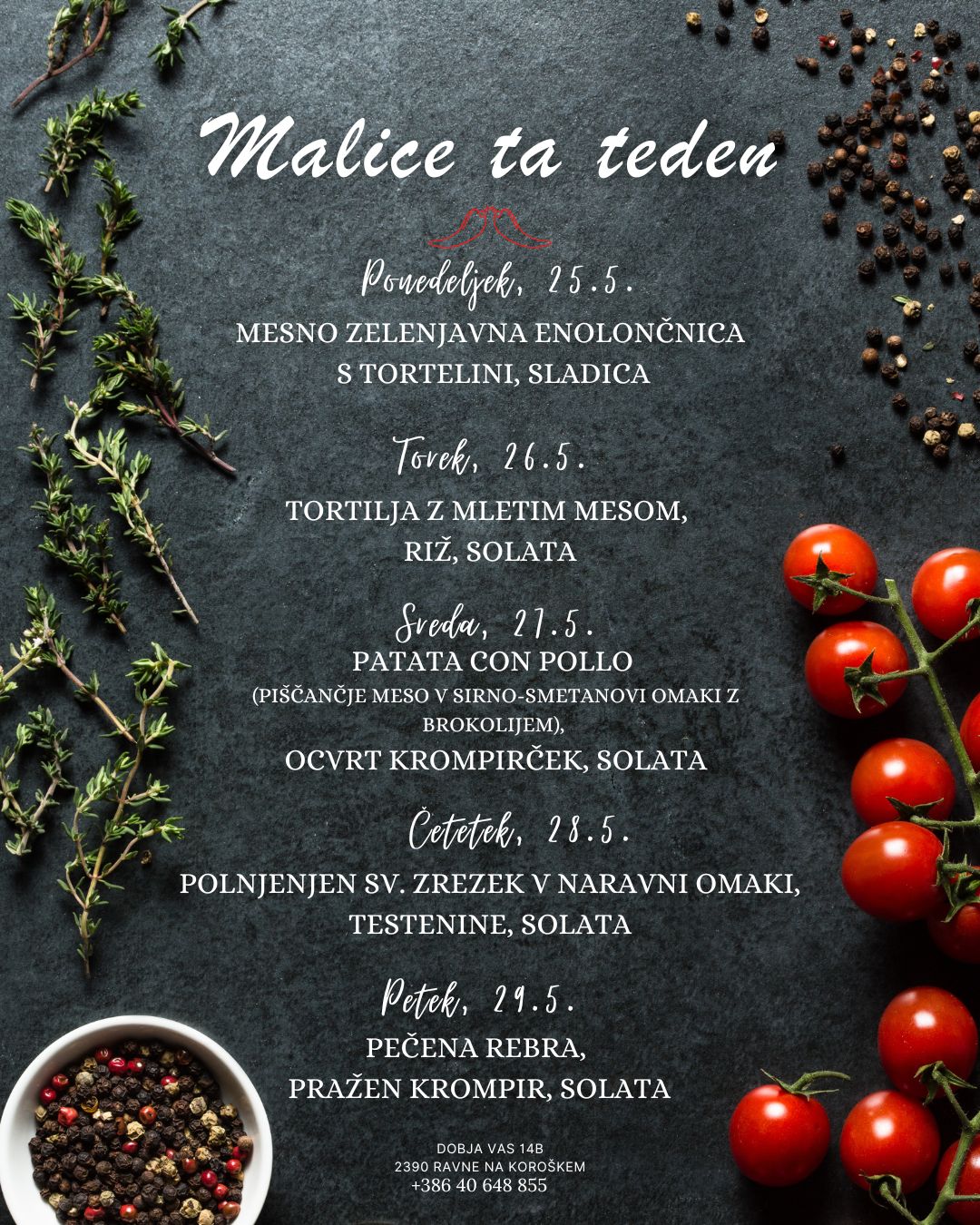 Picerija Gajbica, malice MAJ med 25.5. in 29.5.2026