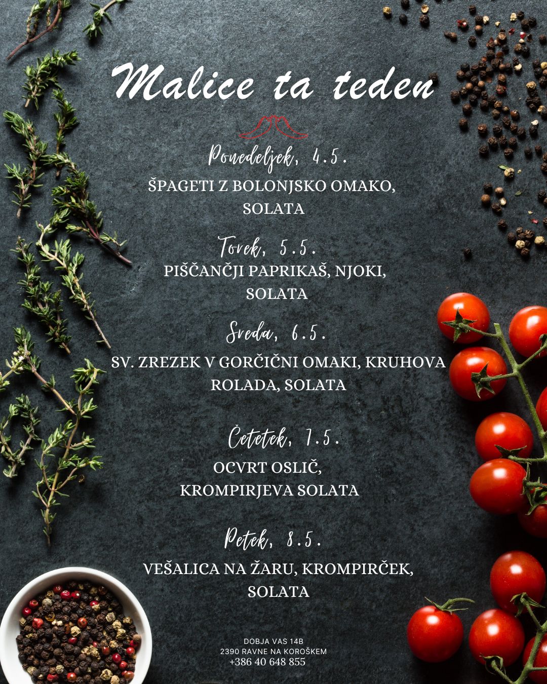 Picerija Gajbica, malice MAJ med 4.5. in 8.5.2026