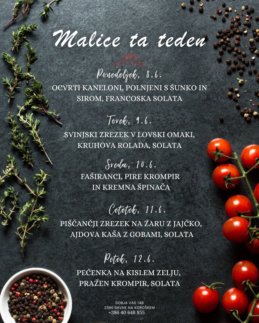 Picerija Gajbica, malice JUNIJ med 8.6. in 12.6.2026