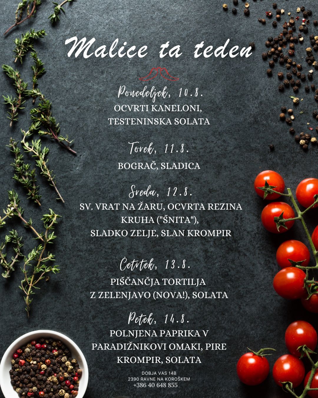 Picerija Gajbica, malice AVGUST med 10.8. in 14.8.2026