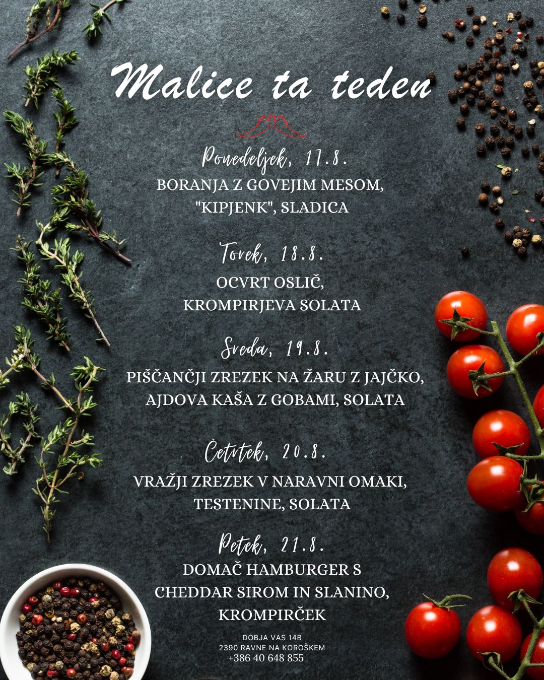 Picerija Gajbica, malice AVGUST med 17.8. in 21.8.2026
