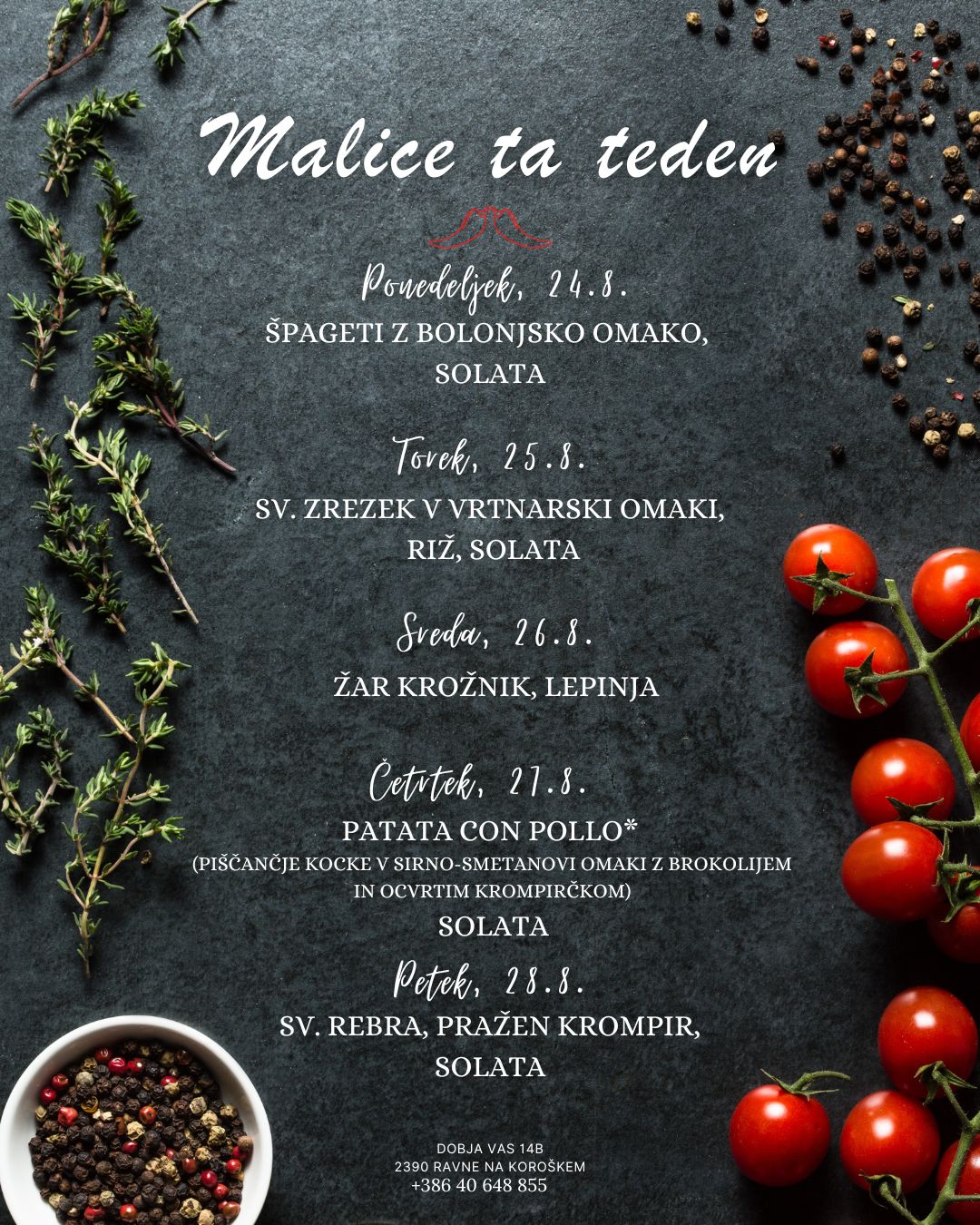 Picerija Gajbica, malice AVGUST med 24.8. in 28.8.2026
