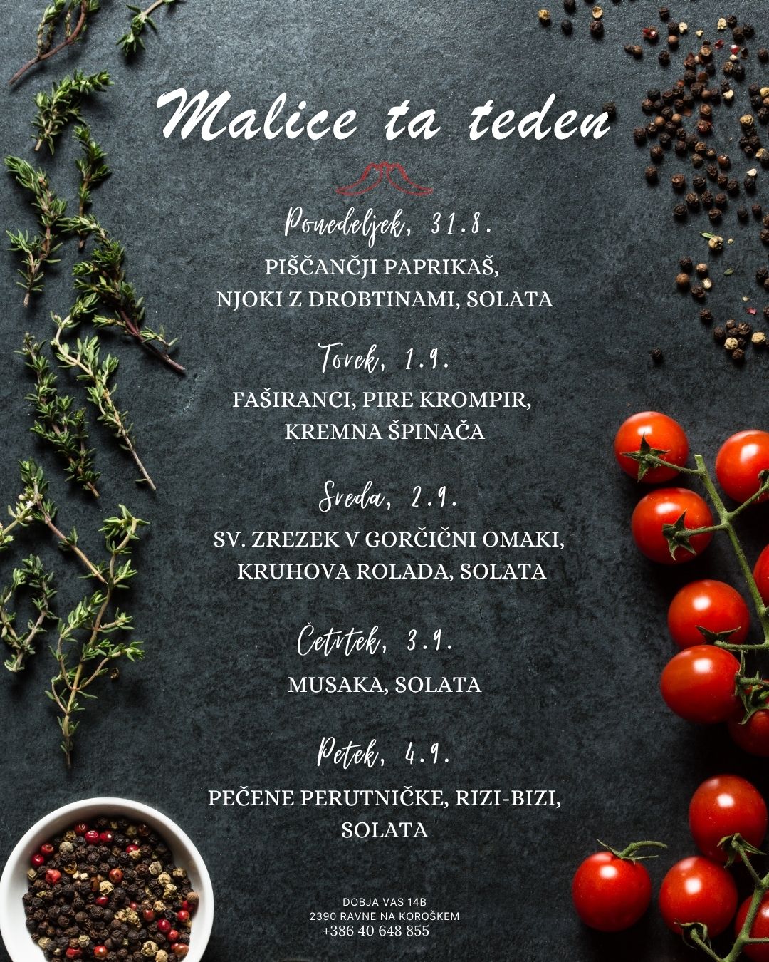 Picerija Gajbica, malice AVGUST med 31.8. in 4.9.2026