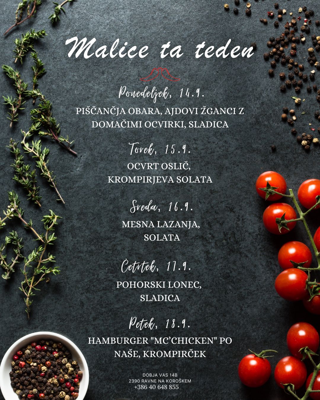 Picerija Gajbica, malice SEPTEMBER med 14.9. in 18.9.2026