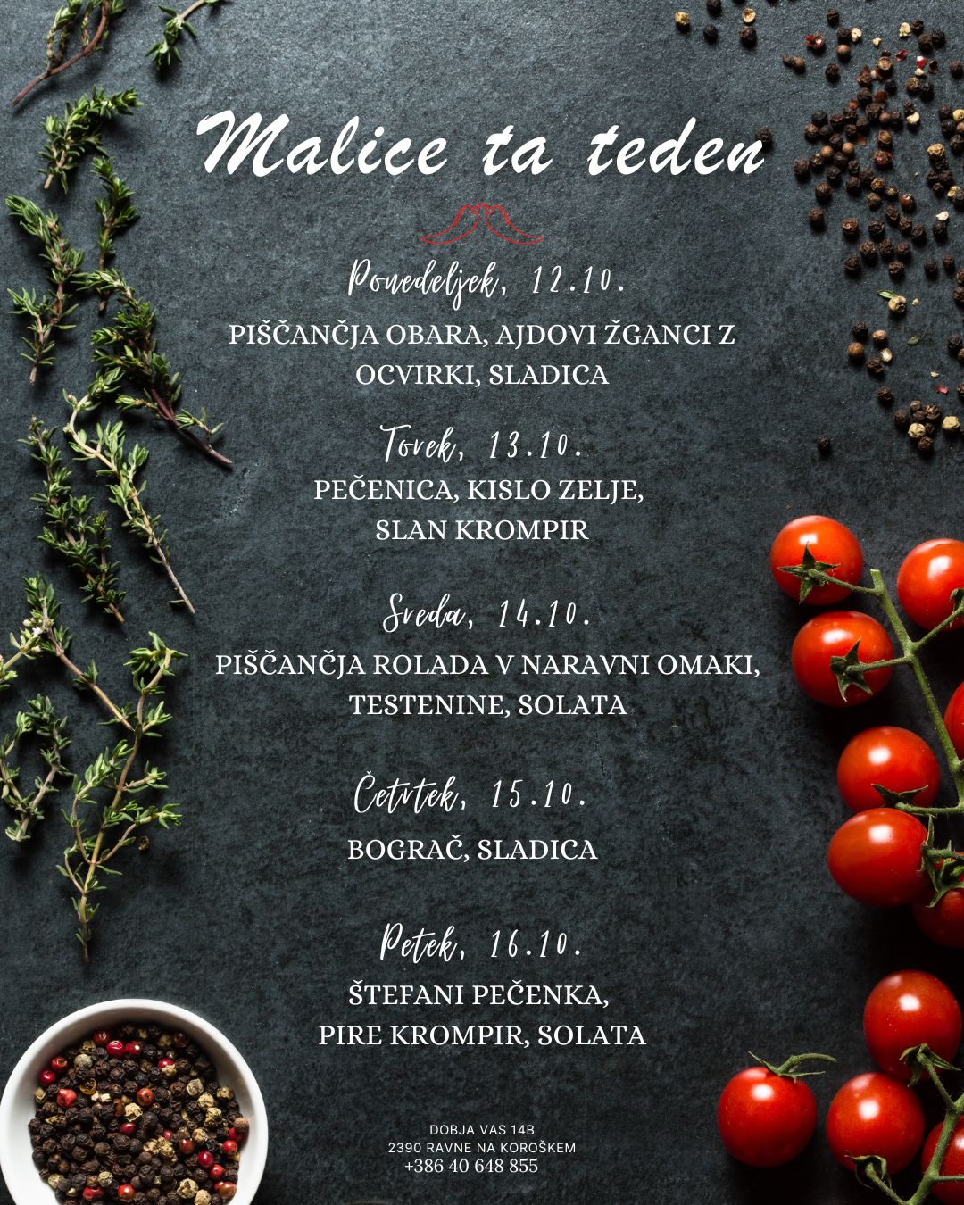 Picerija Gajbica, malice OKTOBER med 12.10. in 16.10.2026