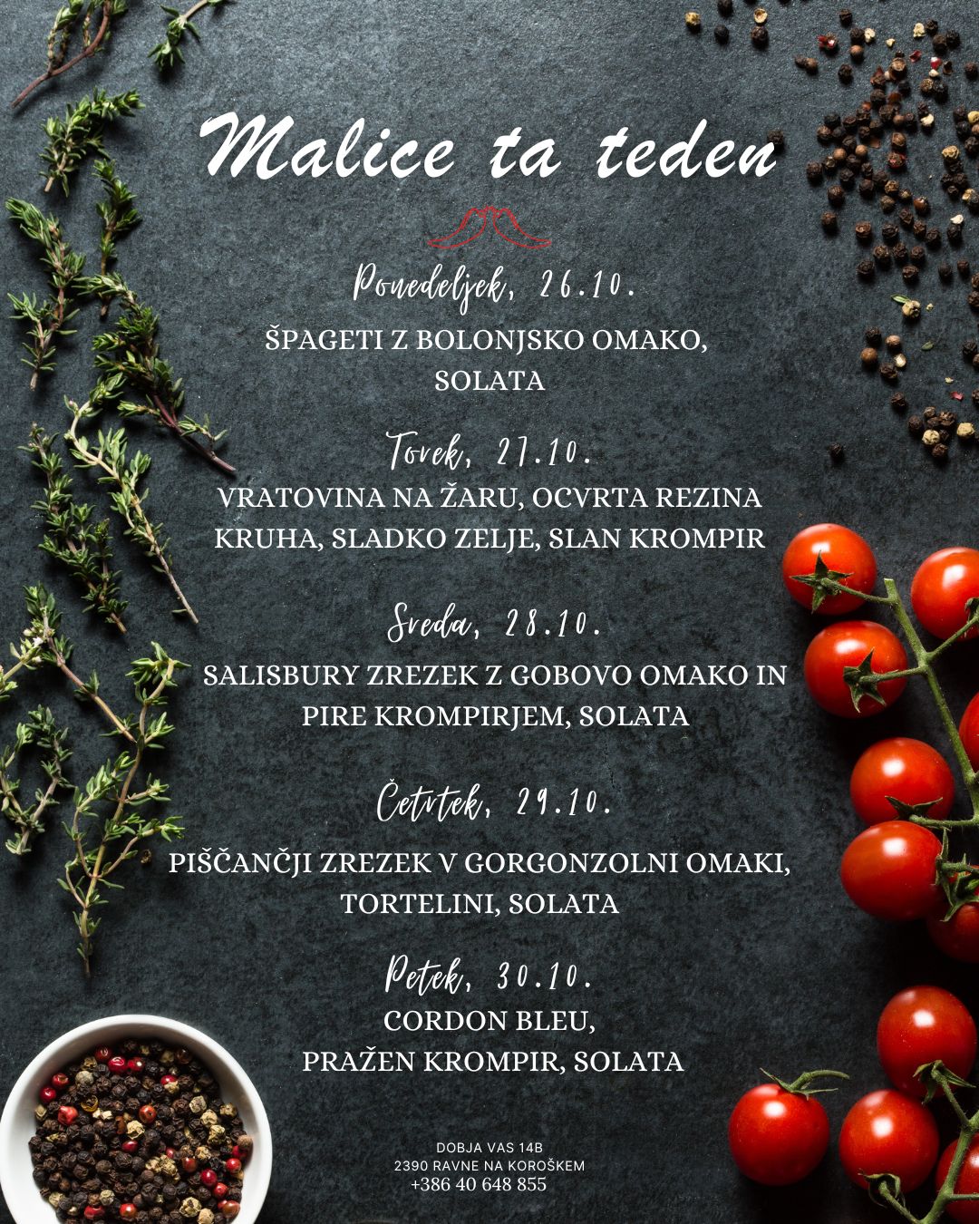 Picerija Gajbica, malice OKTOBER med 26.10. in 30.10.2026